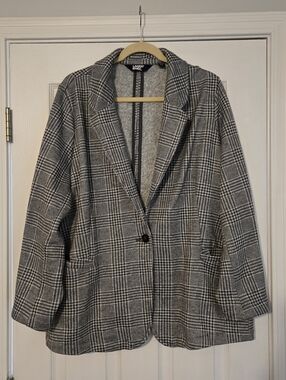 Lands' End Black and White Glen Plaid Single-Button Fleece Blazer